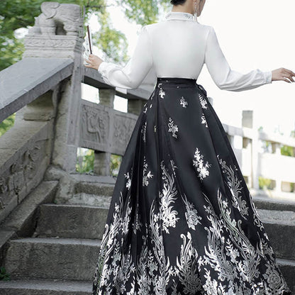 Mythstone Flowers Leaves Feathers Long Sleeve Shirt Top Chinese Hanfu Ming Dynasty Horse Face Skirt Mamianqun Skirt