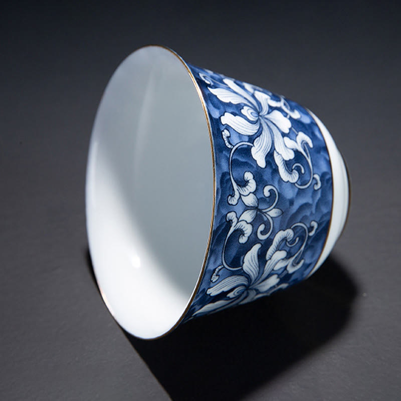 Mythstone Colorful Flowers Orchid Sea Waves Blue and White Porcelain Ceramic Teacup Kung Fu Tea Cup