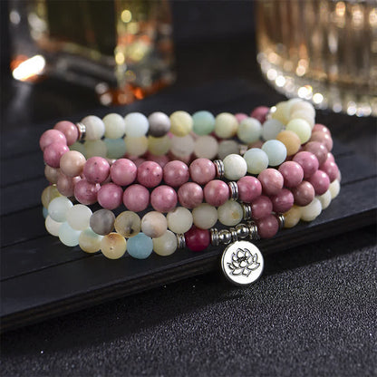 Mythstone Lazurite Picasso Jasper Amazonite Rhodonite Apatite Positive Lotus Prayer Bead Bracelet