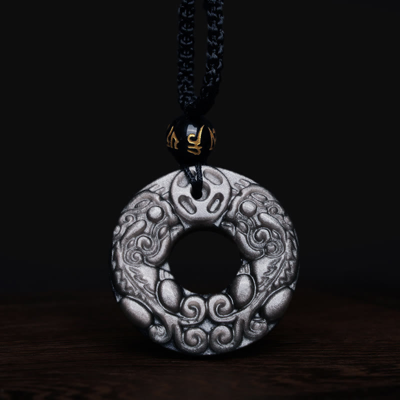 Mythstone Natural Silver Sheen Obsidian Double PiXiu Copper Coin Peace Buckle Protection Necklace Pendant