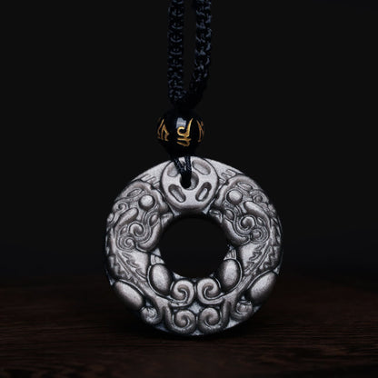 Mythstone Natural Silver Sheen Obsidian Double PiXiu Copper Coin Peace Buckle Protection Necklace Pendant