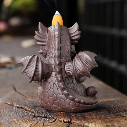 Mythstone Lovely Dinosaur Purple Clay Backflow Smoke Fountain Healing Incense Burner Decoration