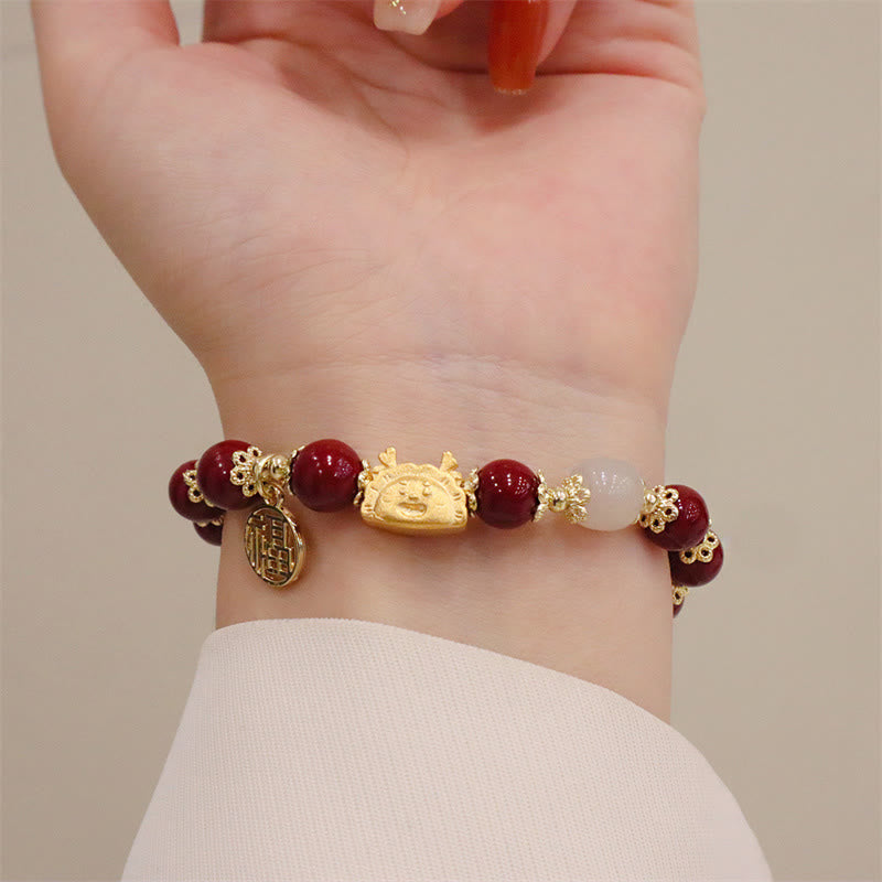 Mythstone Year Of The Dragon Red Agate Strawberry Quartz Black obsidian Jade Garnet Pearl Cinnabar Dumpling Dragon Luck Fu Character Bracelet