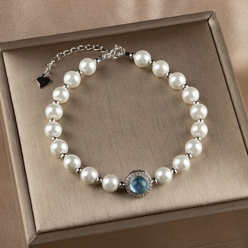 Mythstone 925 Sterling Silver Pearl Blue Chalcedony Healing Chain Bracelet Ring