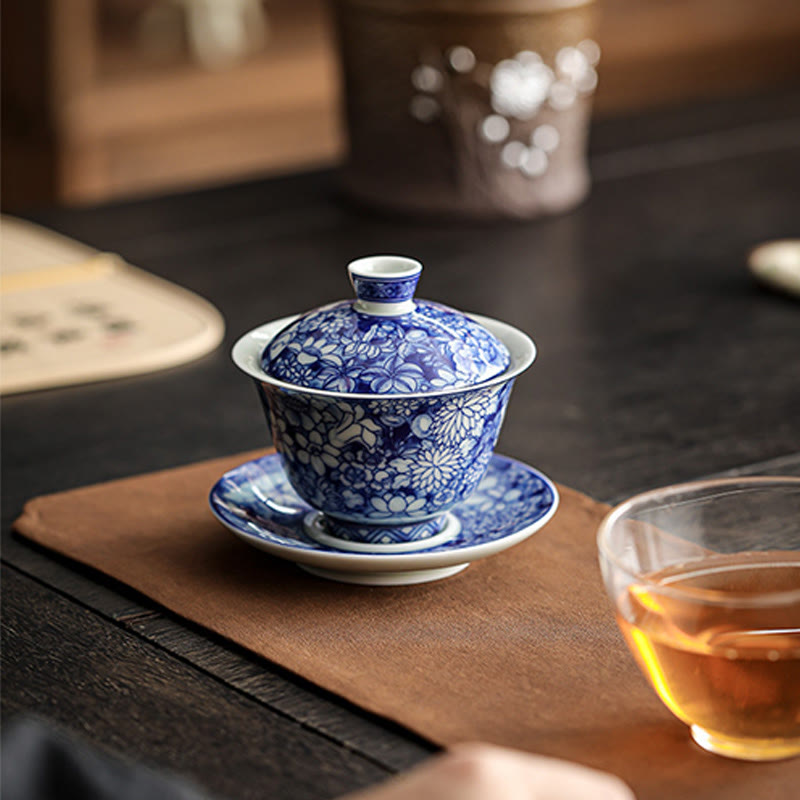 Mythstone Vintage Blue And White Porcelain Ceramic Gaiwan Sancai Teacup Kung Fu Tea Cup And Saucer With Lid