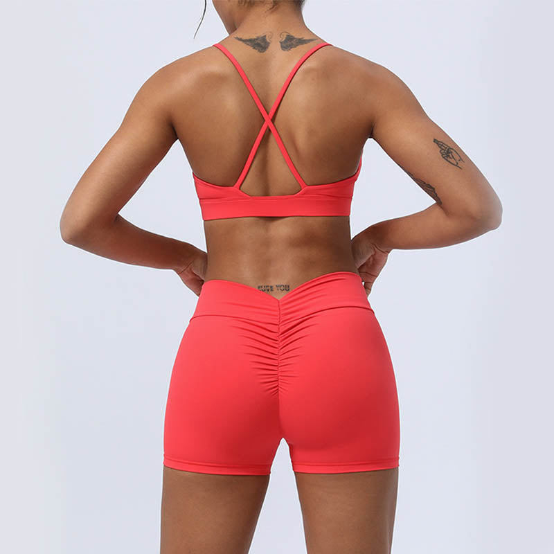 Mythstone 2Pcs Backless Criss-Cross Strap Design Top Bra Shorts Leggings Pants Fitness Yoga Outfit Set