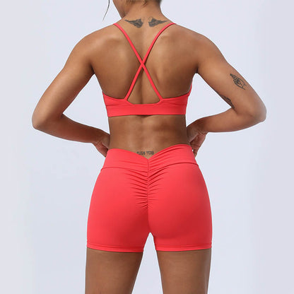 Mythstone 2Pcs Backless Criss-Cross Strap Design Top Bra Shorts Leggings Pants Fitness Yoga Outfit Set