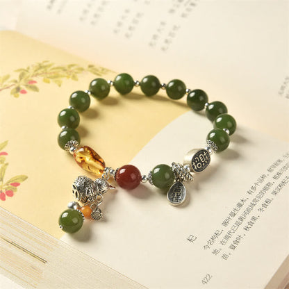 Mythstone 925 Sterling Silver Hetian Cyan Jade Gourd Amber Success Bracelet