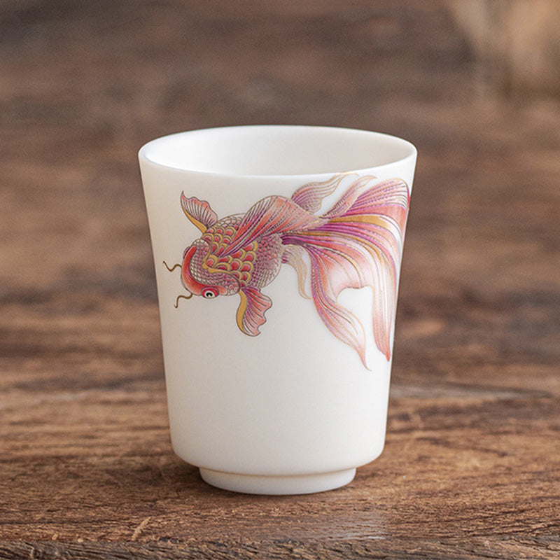 Mythstone Koi Fish White Porcelain Ceramic Teacup Kung Fu Tea Cup