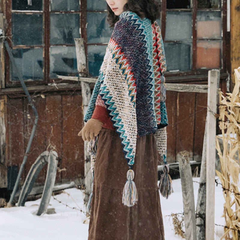 Chal tibetano Mythstone con estampado ondulado azul, beige y rojo, bufanda cálida con borlas para el invierno