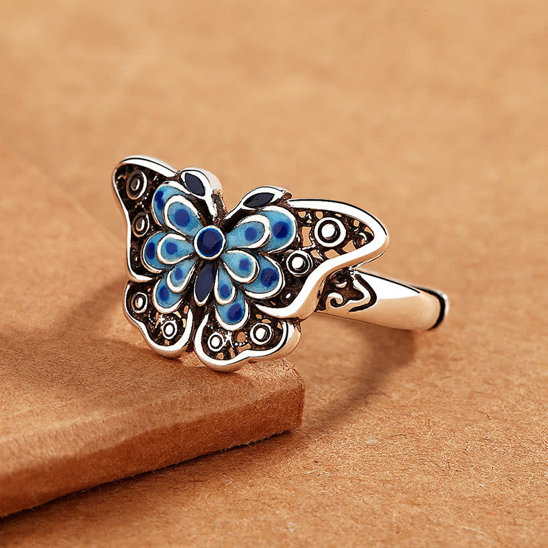 Mythstone Hollow Enamel Blue Butterfly Pattern Love Ring