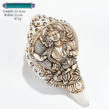 Mythstone Tibetan Handmade Engraved Shankha Buddha Avalokitesvara Conch Shell Wealth Decoration