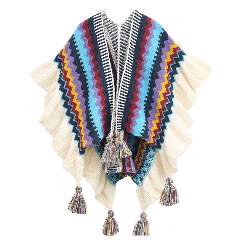 Mythstone Tibetan Shawl Colorful Striped Wavy Line Tassels Winter Cozy Travel Scarf Wrap