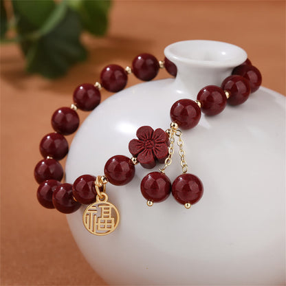 Mythstone Cinnabar Fu Character Cherry Blossom Blessing Bracelet