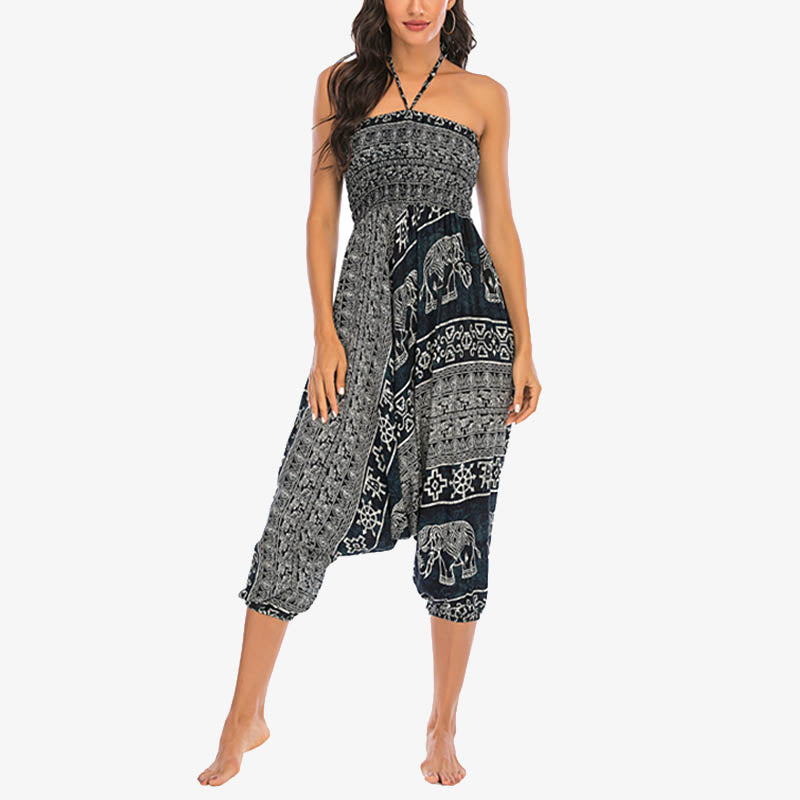 Mythstone Two Style Wear Elephant Pattern Loose Smocked Harem Trousers Jumpsuit Women's Yoga Pants