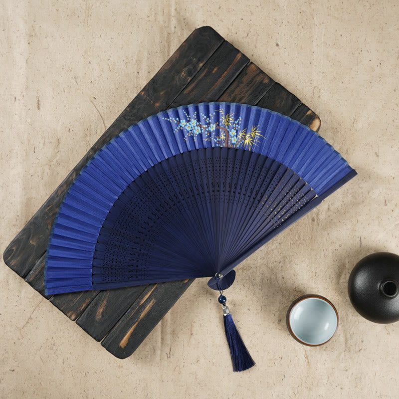 Mythstone Simple Cherry Flower Hollow Engraved Handheld Bamboo Folding Fan