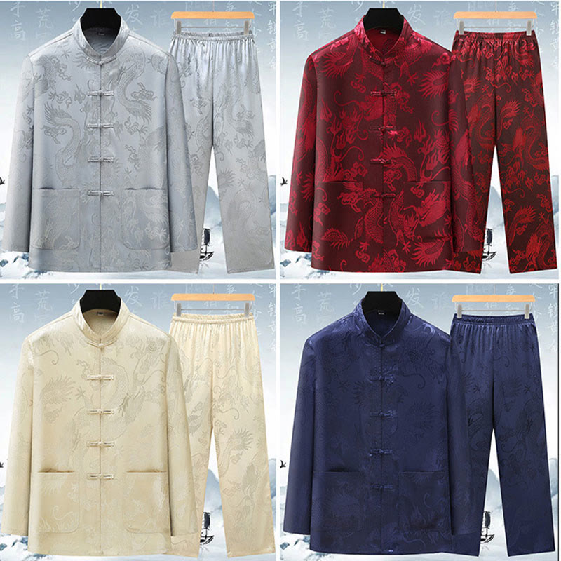 Mythstone Tang Suit Men Hanfu Chinese Dragon Traditional Clothes Kung Fu Shirt Uniform Long Sleeved Coat Tops and Pants Clothing Men's Set