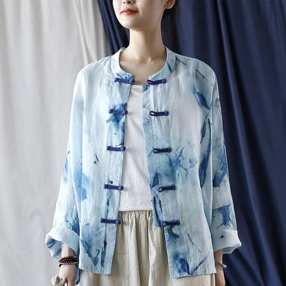 Mythstone Tie Dye Blue Flowers Frog-Button Design Long Sleeve Ramie Linen Jacket Shirt