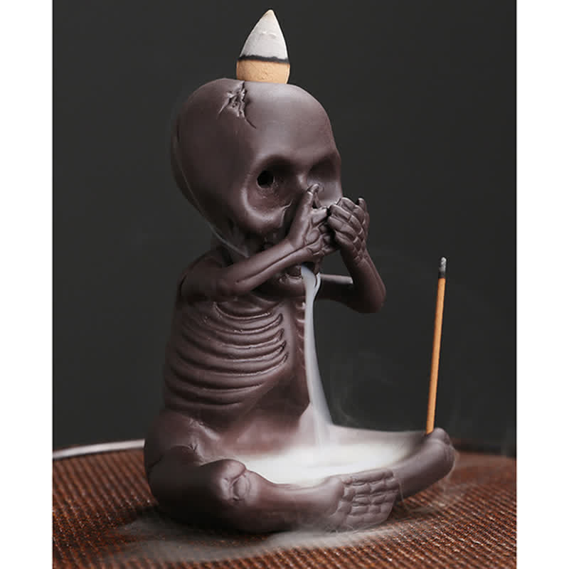 Mythstone Little Skull Ghost Purple Clay Backflow Smoke Fountain Peace Incense Burner Decoration