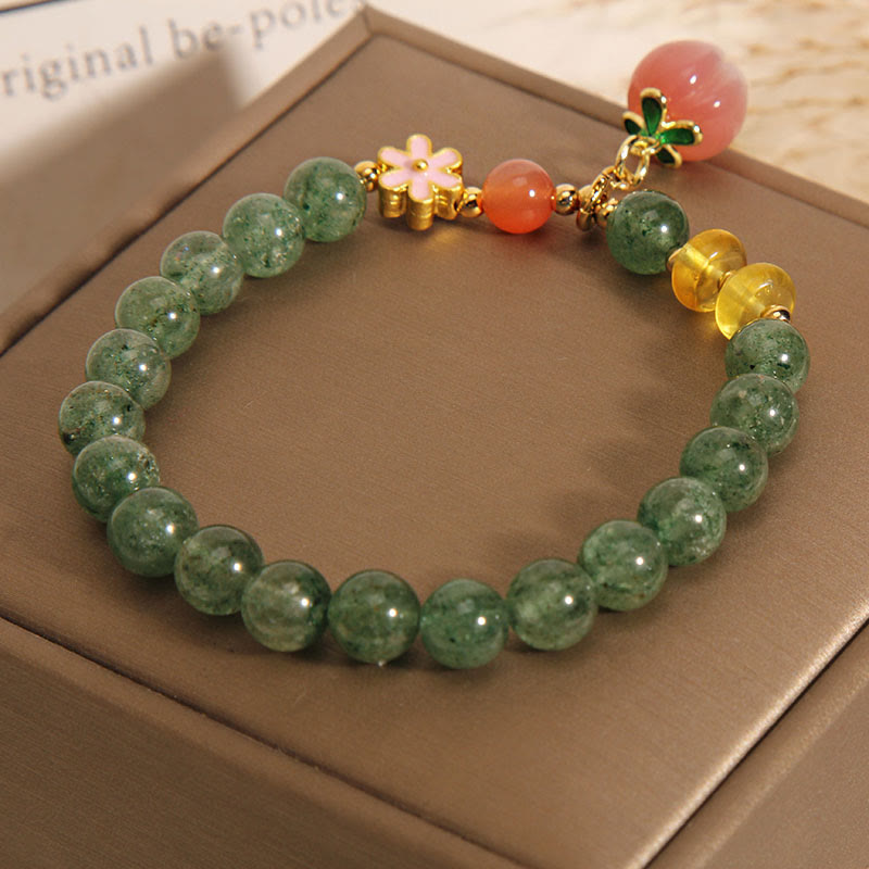 Mythstone Natural Green Strawberry Quartz Love Peach Charm Bracelet