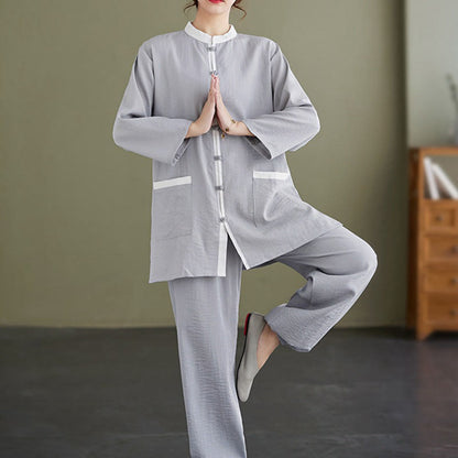 Mythstone 2Pcs Solid Color Long Sleeve Shirt Top Pants Meditation Zen Tai Chi Cotton Linen Clothing Women's Set