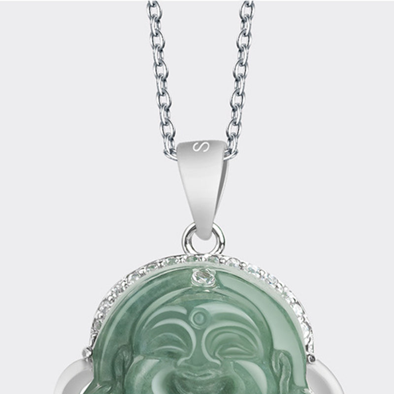 Mythstone 925 Sterling Silver Laughing Buddha Jade Abundance Necklace Chain Pendant