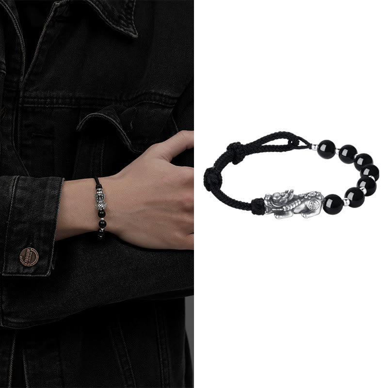 Mythstone 999 Sterling Silver FengShui PiXiu Natural Black Obsidian 925 Sterling Silver Bead Strength Bracelet