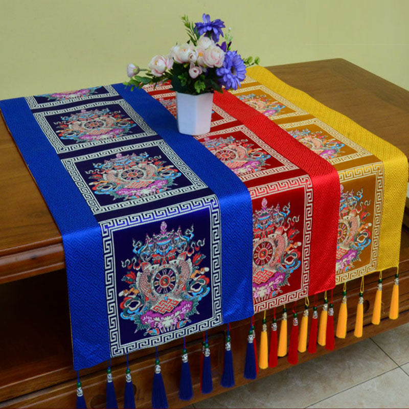 Mythstone Prayer Altar Mat Man-Bcu Kalachakra Endless Knot Vajra Tibetan Auspicious Symbols Tassels Table Runner