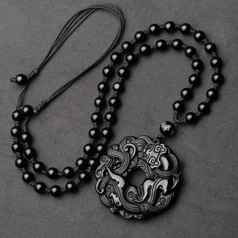 Colgante de collar de purificación Pixiu con hebilla de paz de obsidiana negra natural de Mythstone 