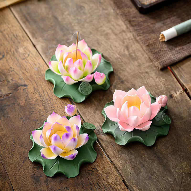 Mythstone Lotus Flower Leaf Pod Spiritual Healing Ceramic Stick Incense Burner Decoration