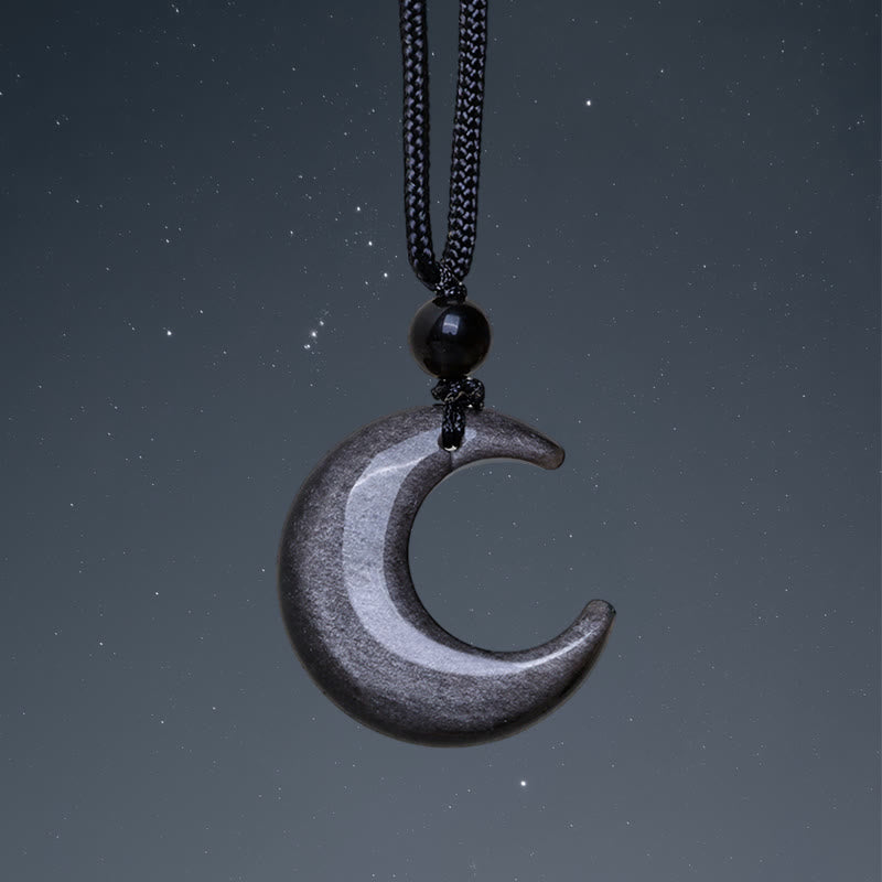 Mythstone Natural Silver Sheen Obsidian Selenite Crystal Crescent Moon Yin Yang Couple Protection Necklace Pendant