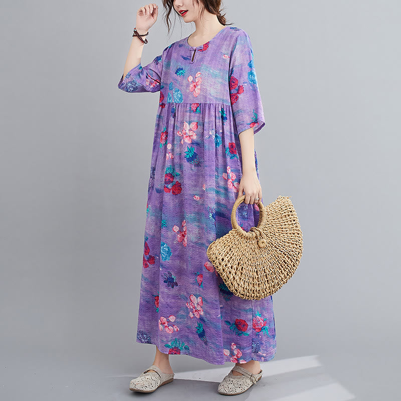 Mythstone Flowers Print Midi Dress Tunic Dress With Pockets