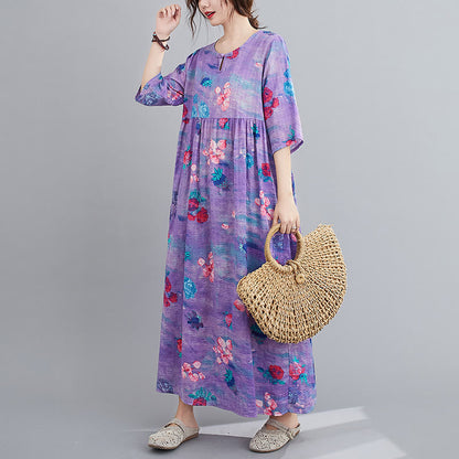 Mythstone Flowers Print Midi Dress Tunic Dress With Pockets