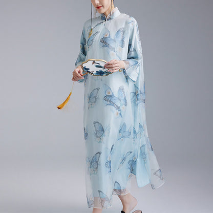 Mythstones 100% Mulberry Silk Organza Blue Butterfly Print Qipao Cheongsam Dress