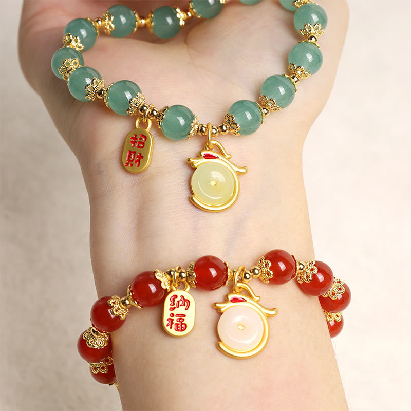 MythStone Year of the Dragon Red Agate Green Aventurine Peace Buckle Fu Character Lucky Fortune Bracelet