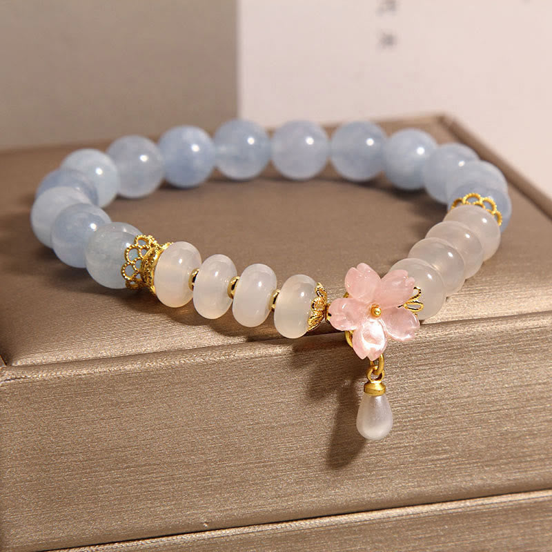 Mythstone Aquamarine White Agate Pearl Abacus Beads Flower Healing Bracelet