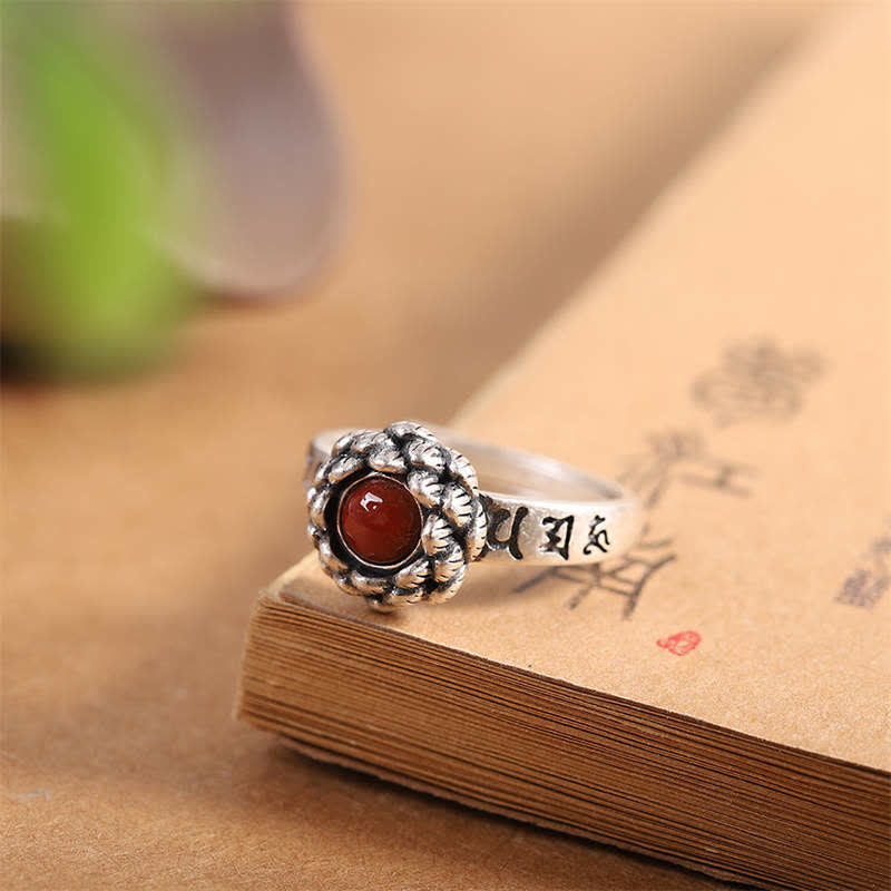 Mythstone 925 Sterling Silver Lotus Red Agate Confidence Blessing Ring