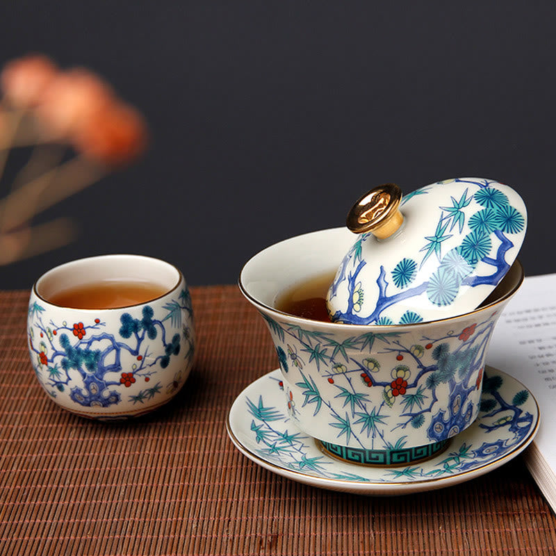 Taza de té de cerámica Gaiwan Sancai con tapa y platillo de kung fu Mythstone Retro Plum Blossom Pine Bamboo Phoenix Kirin 