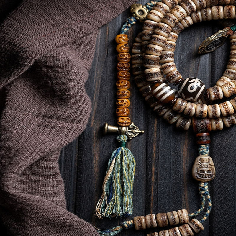 MythStone Tibetan 108 Mala Beads Yak Bone Dzi Bead The Lord of the Corpse Forest Strength Bracelet