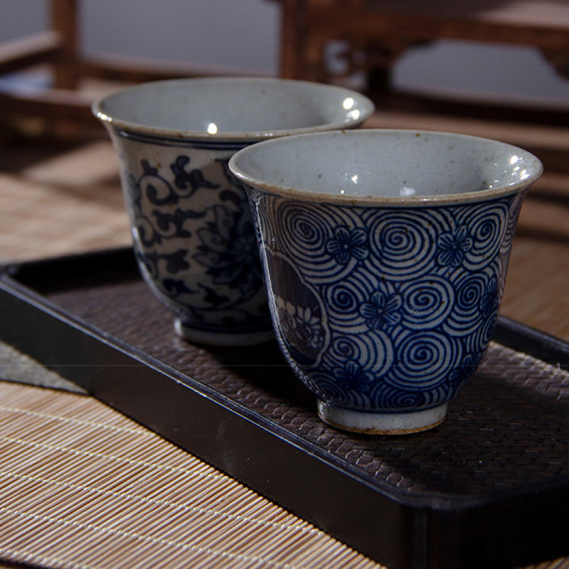 Mythstone Jingdezhen Blue and White Porcelain Hand Painted Lotus Plum Blossom Ceramic Teacup Kung Fu Tea Cups