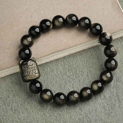 Mythstone Gold Sheen Obsidian Silver Sheen Obsidian Lovely Paw Lucky Cat Protection Bracelet