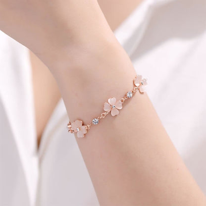 MythStone Pink Crystal Four Leaf Clover Love Chain Bracelet