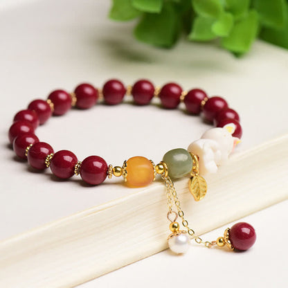 MythStone Year of the Rabbit Cinnabar Hetian Jade Bunny Beaded Blessing Bracelet