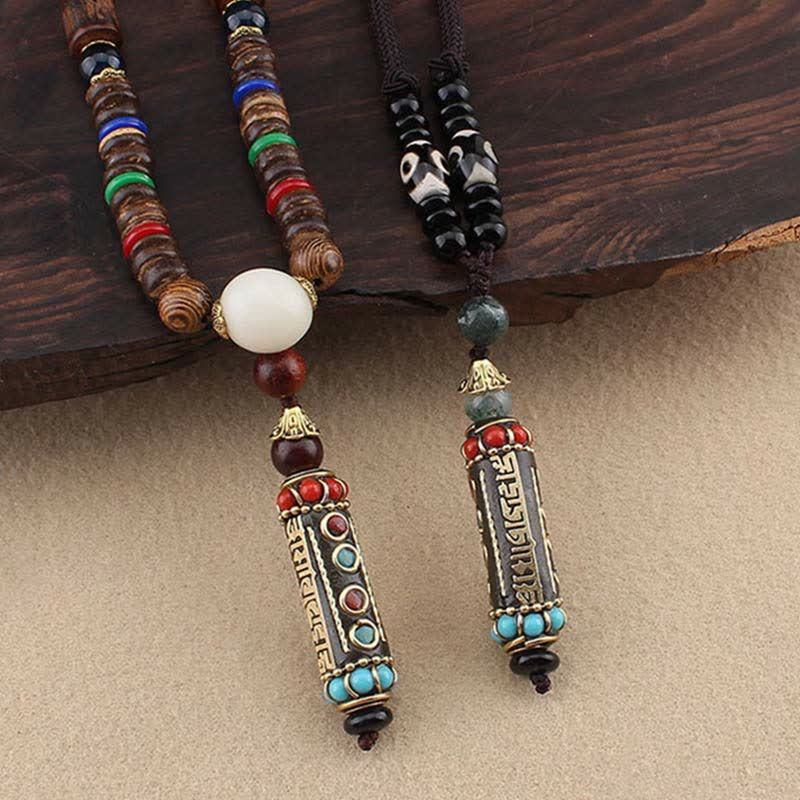 Mythstone Tibetan Om Mani Padme Hum Dzi Bead Wenge Wood Necklace Pendant