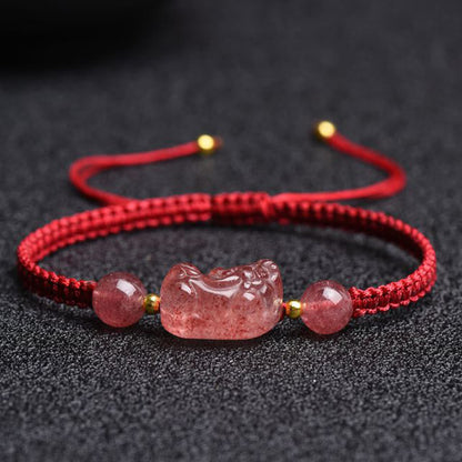 Mythstone Natural Strawberry Quartz PiXiu Lucky Red String Bracelet