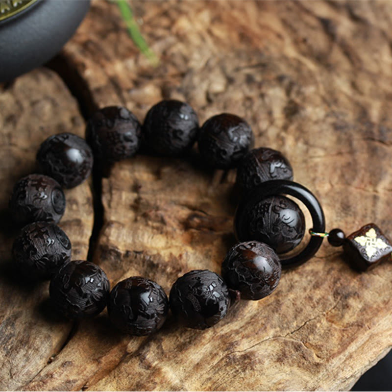 Mythstone Ebony Wood Chinese Character Yin Yang Engraved Gourd Balance Bracelet