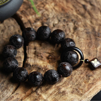 Mythstone Ebony Wood Chinese Character Yin Yang Engraved Gourd Balance Bracelet