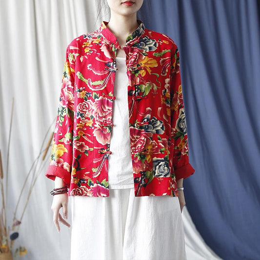 Mythstone Ethnic Red Flower Peony Frog-Button Cotton Linen Long Sleeve Shirt Jacket With Pockets