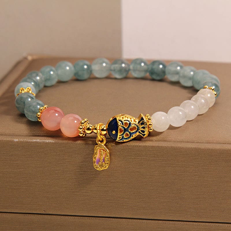 Mythstone Jade Yanyuan Agate White Jade Koi Fish Scripture Charm Luck Bracelet