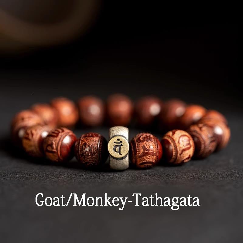 Mythstone Chinese Zodiac Natal Buddha Small Leaf Red Sandalwood Om Mani Padme Hum Protection Bracelet